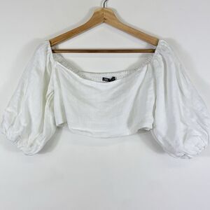 Zara White Linen Smocked Back Puff Sleeves Crop Top Shirt Women's Size Small